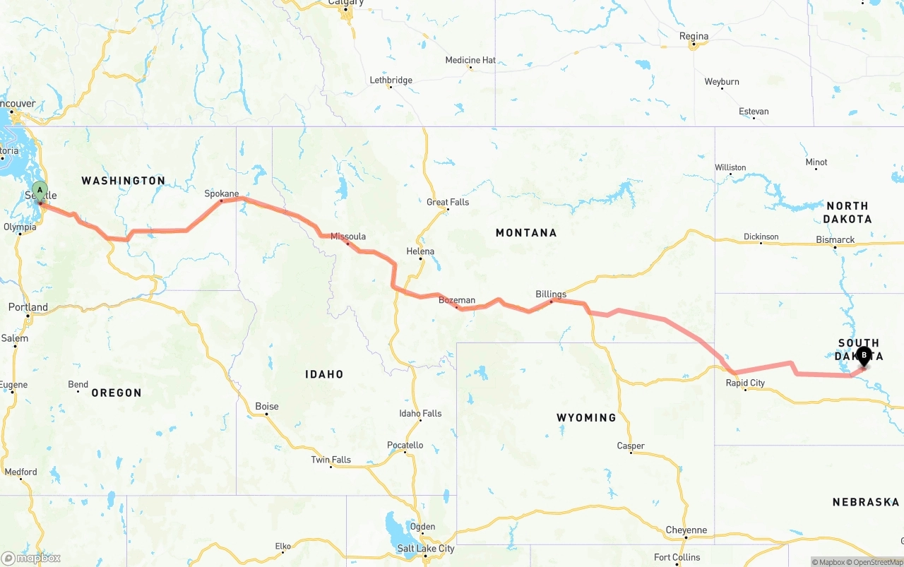 Shipping route from Port of Seattle to South Dakota