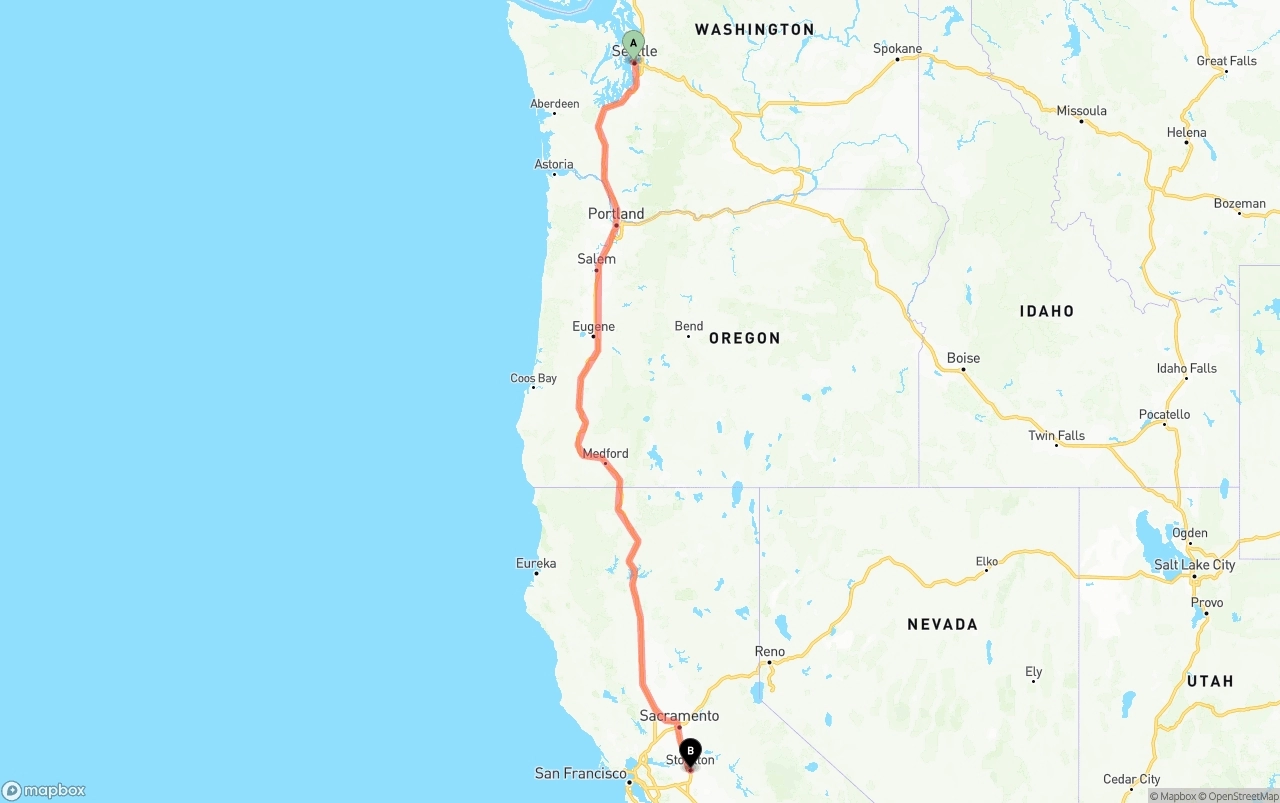 Shipping route from Port of Seattle to Stockton