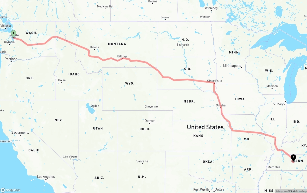 Shipping route from Port of Seattle to Tennessee