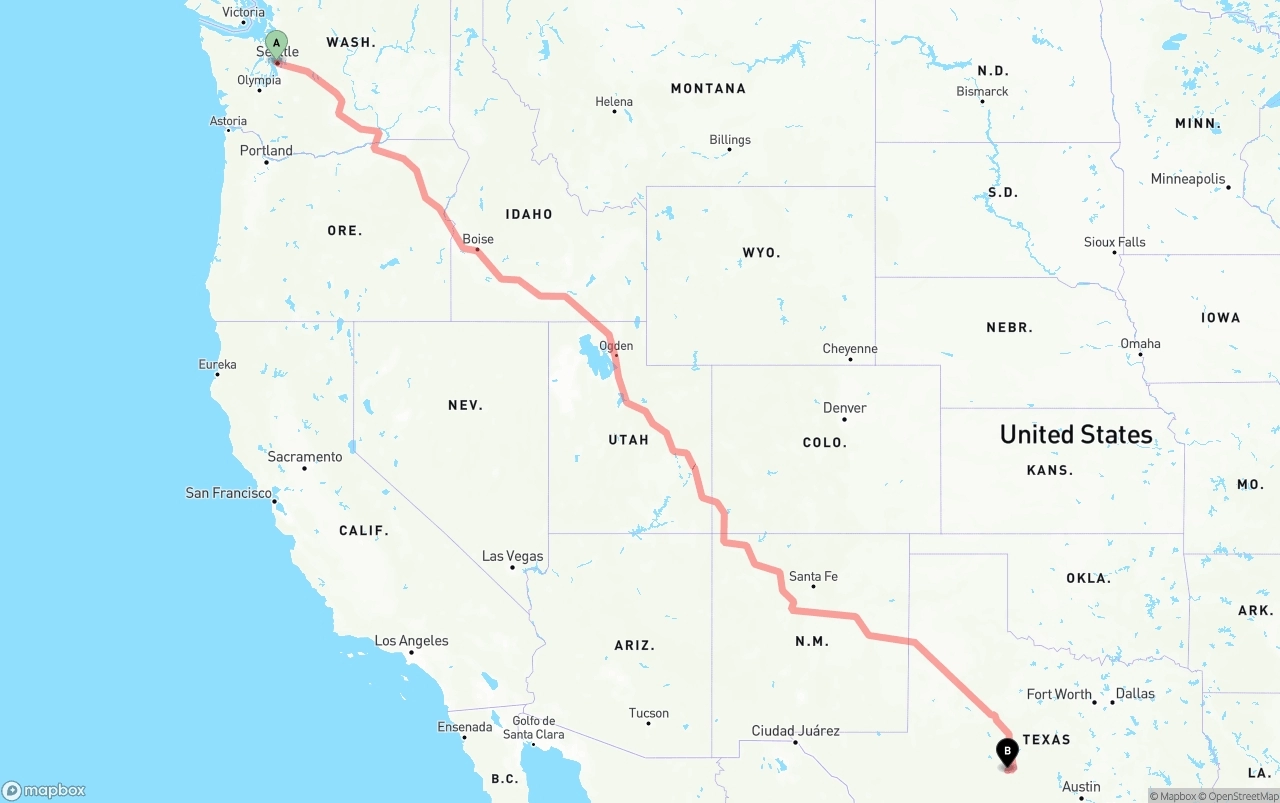 Shipping route from Port of Seattle to Texas