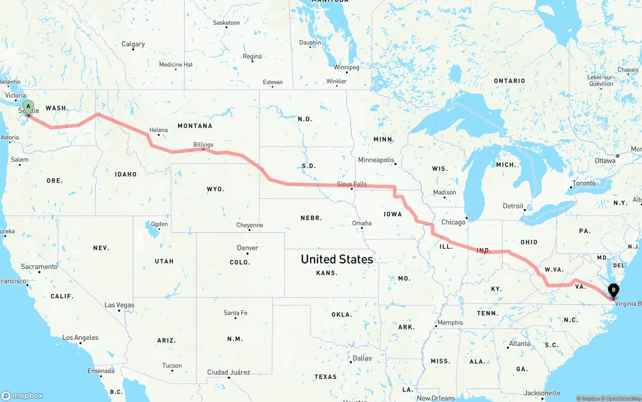 Shipping route from Port of Seattle to Virginia Beach