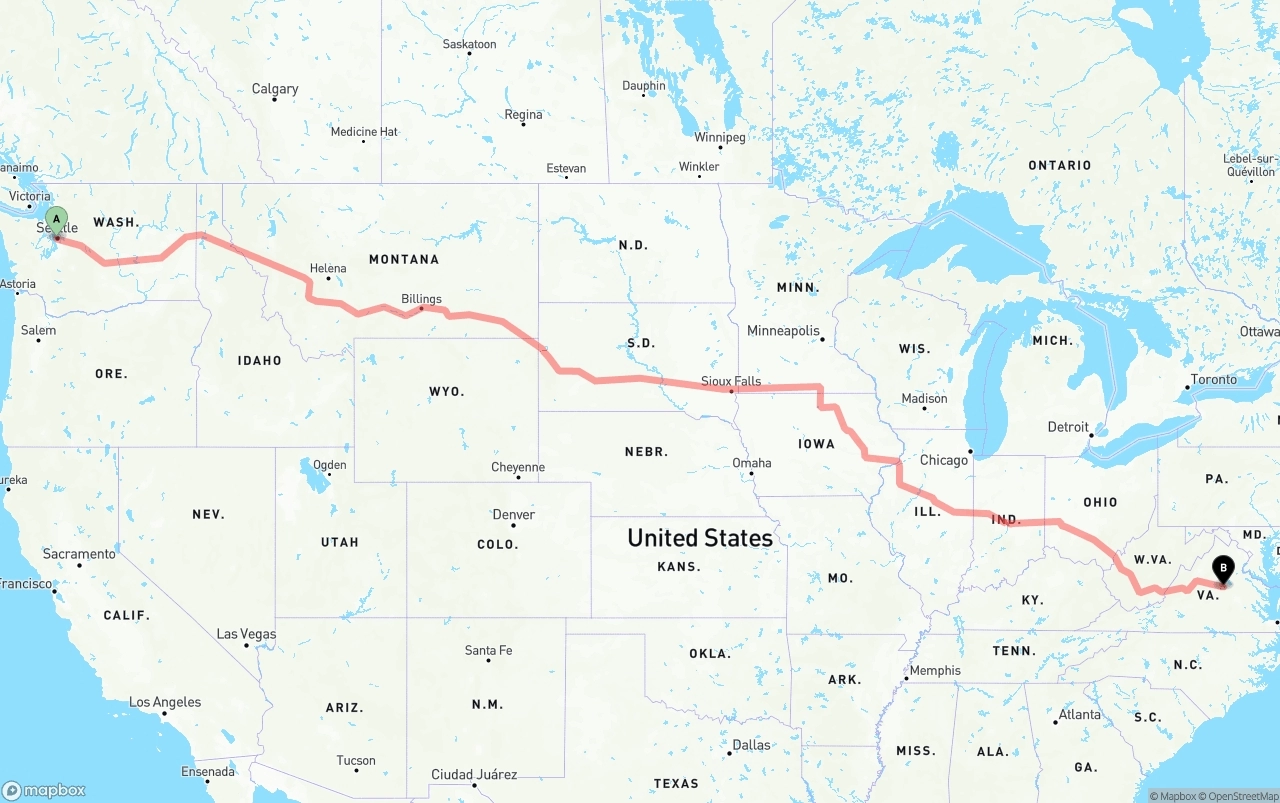 Shipping route from Port of Seattle to Virginia