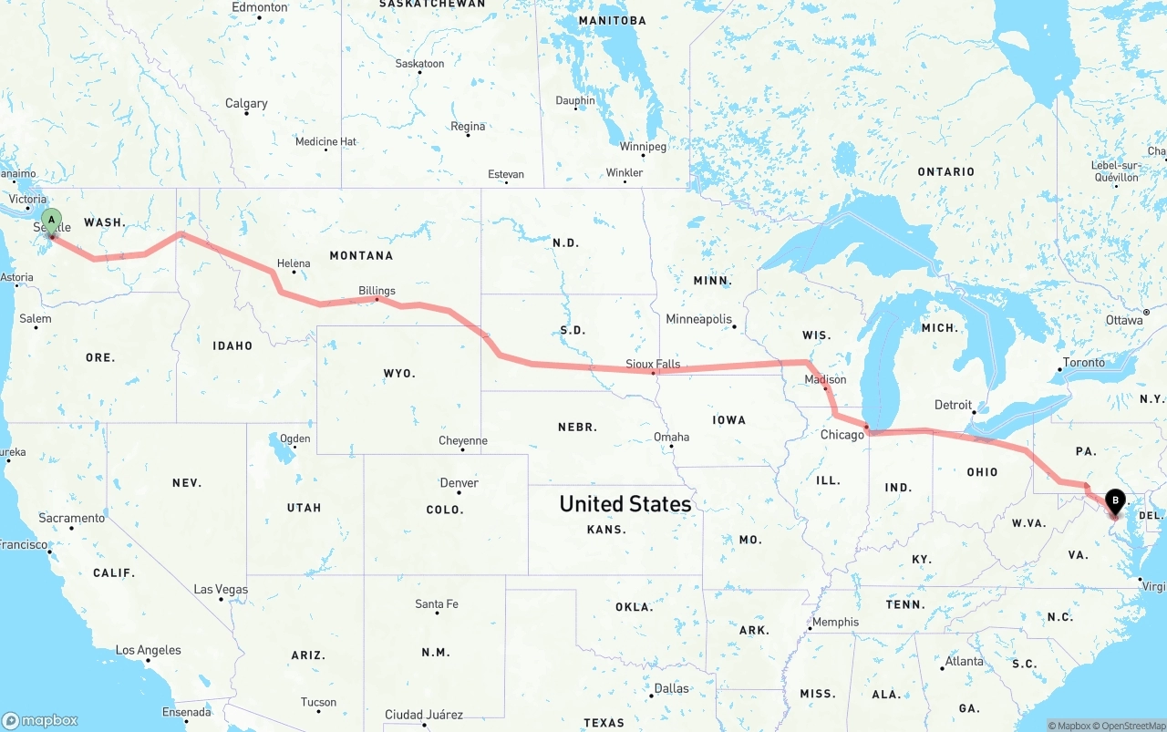 Shipping route from Port of Seattle to Washington D.C.