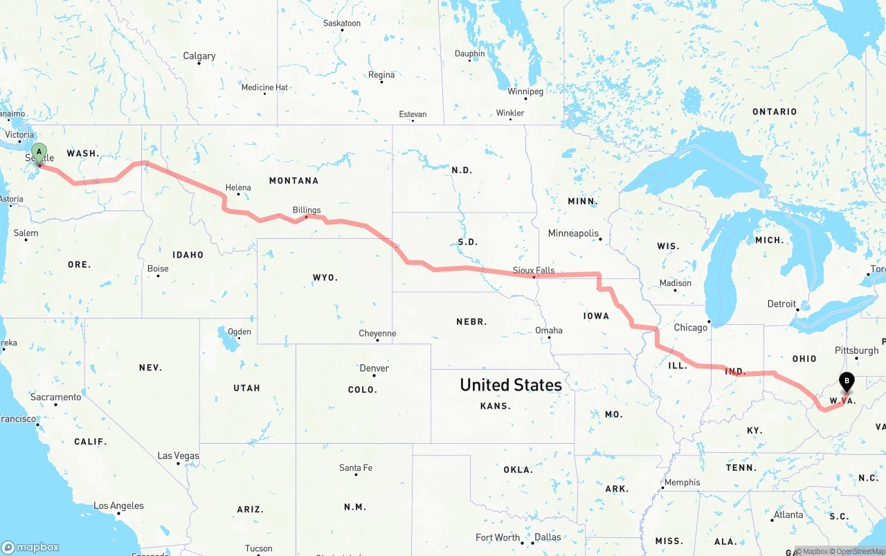 Shipping route from Port of Seattle to West Virginia