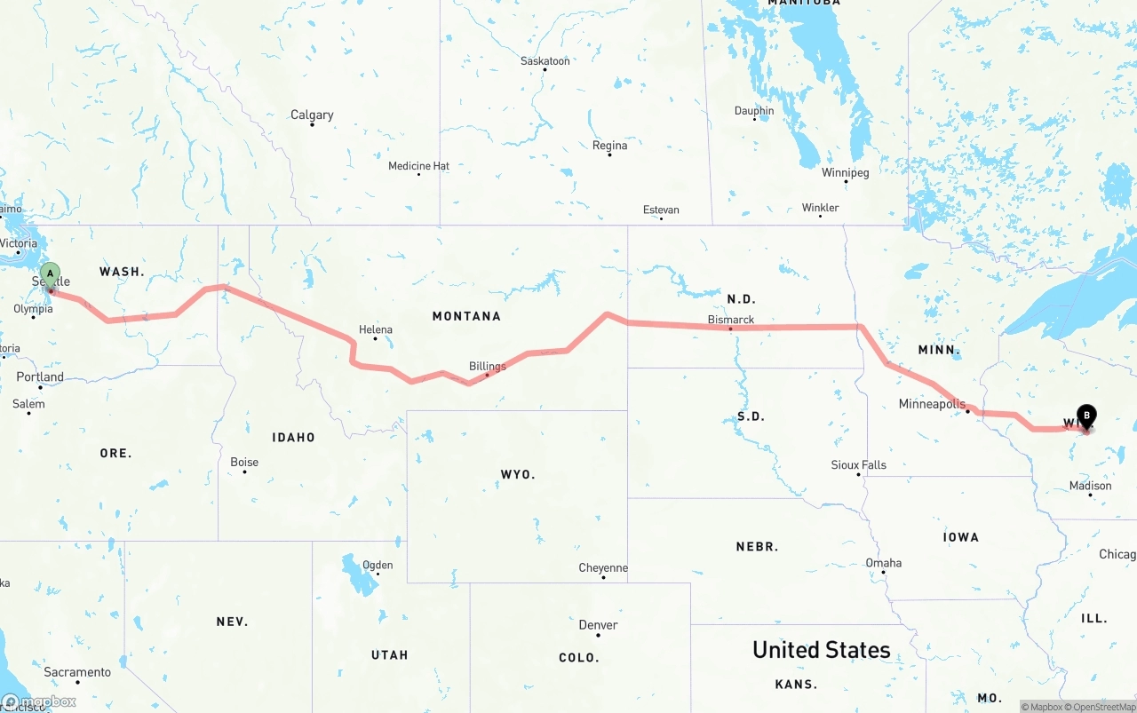 Shipping route from Port of Seattle to Wisconsin