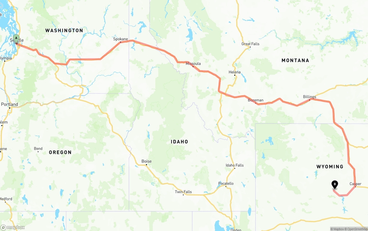 Shipping route from Port of Seattle to Wyoming
