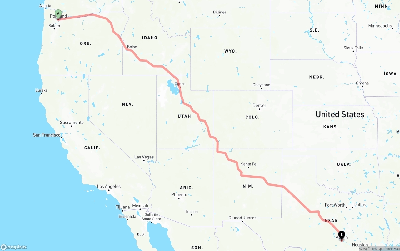 Shipping route from Portland to Austin