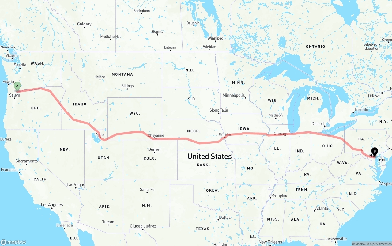 Shipping route from Portland to Baltimore