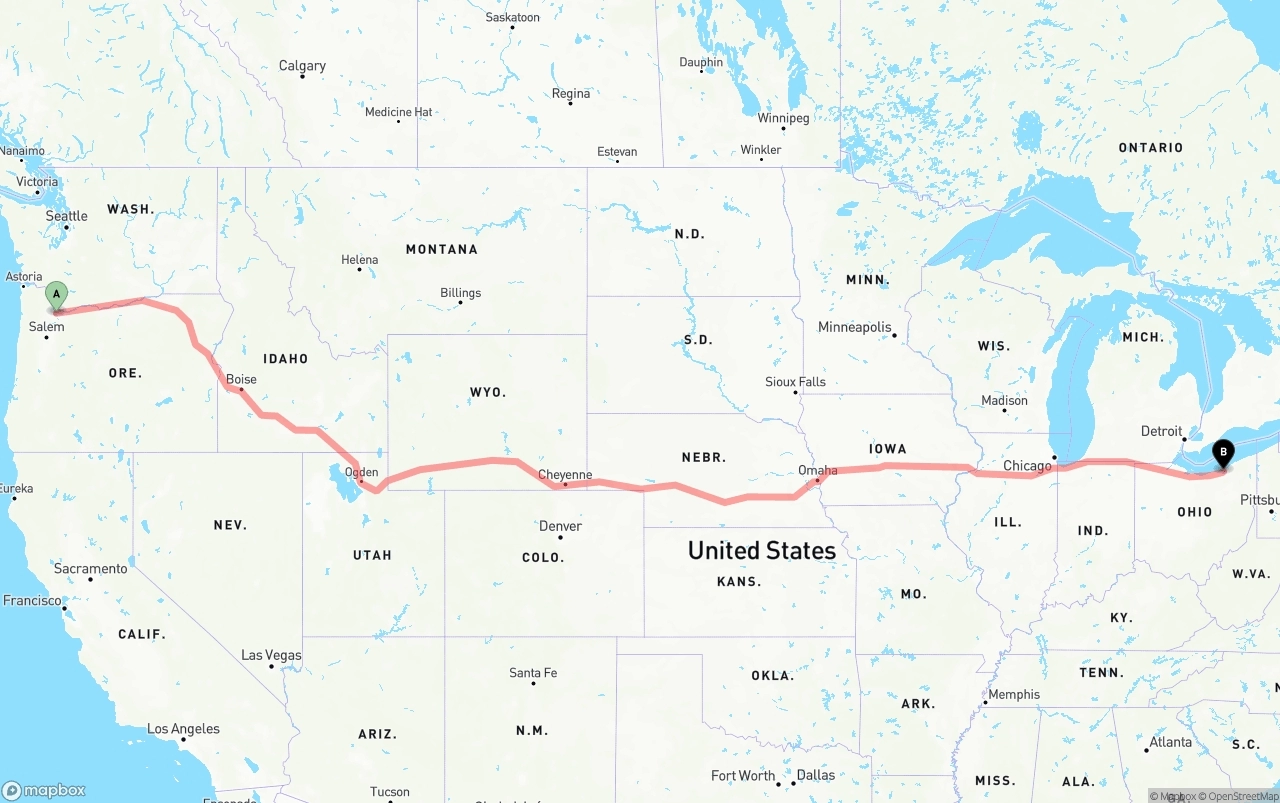Shipping route from Portland to Cleveland