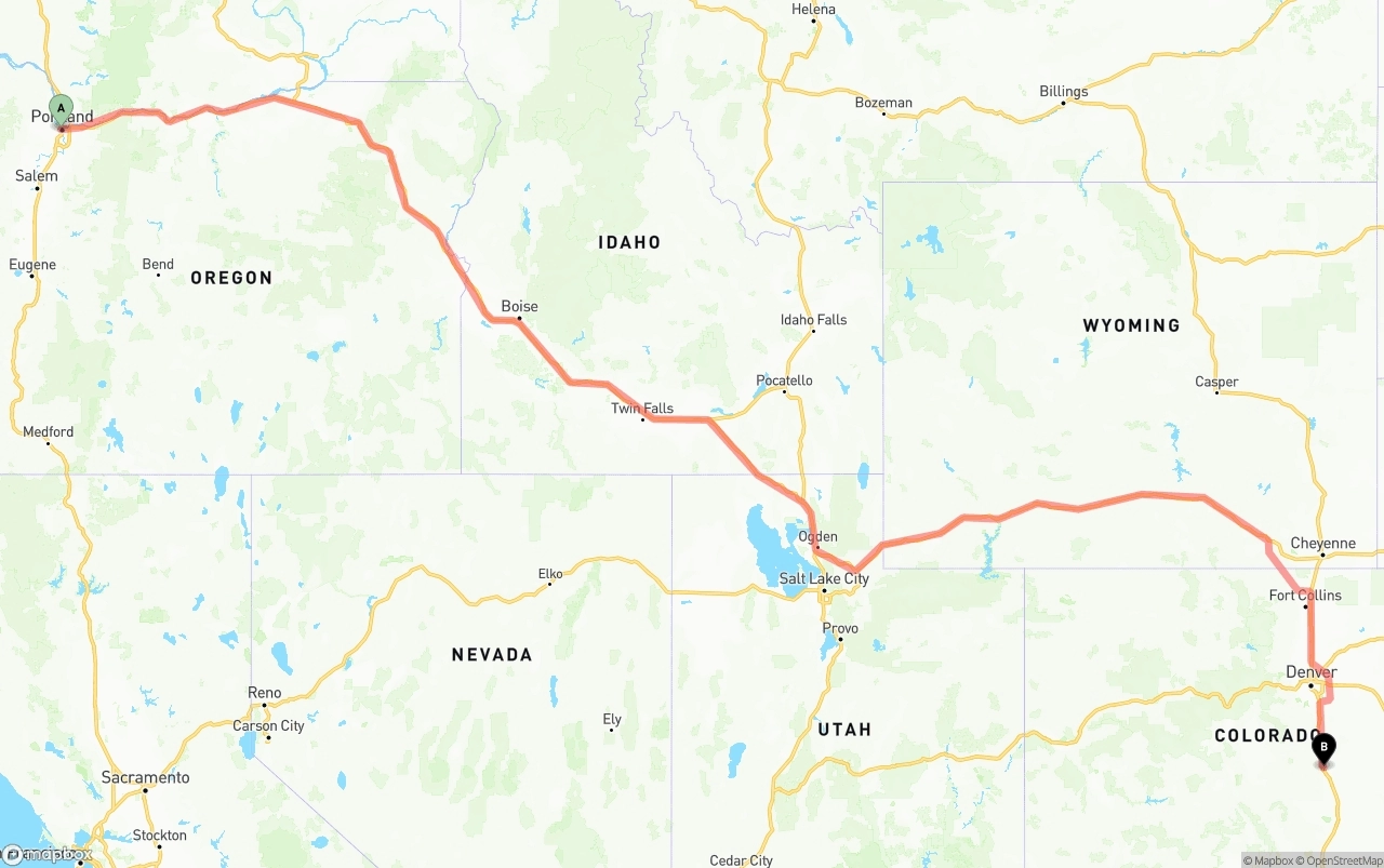 Shipping route from Portland to Colorado Springs