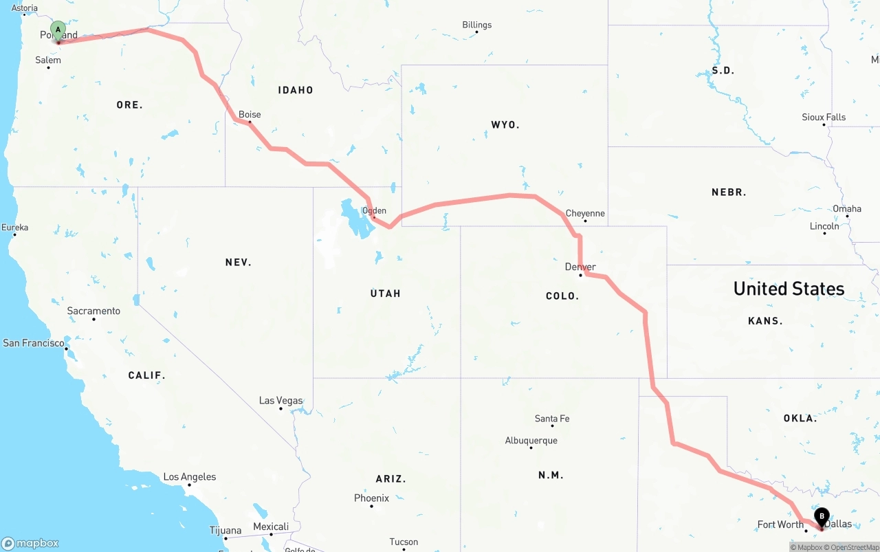 Shipping route from Portland to Dallas
