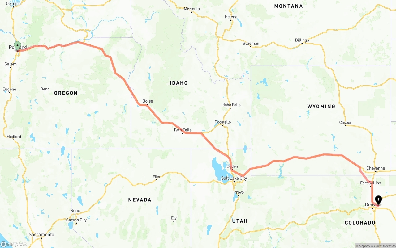 Shipping route from Portland to Denver International Airport
