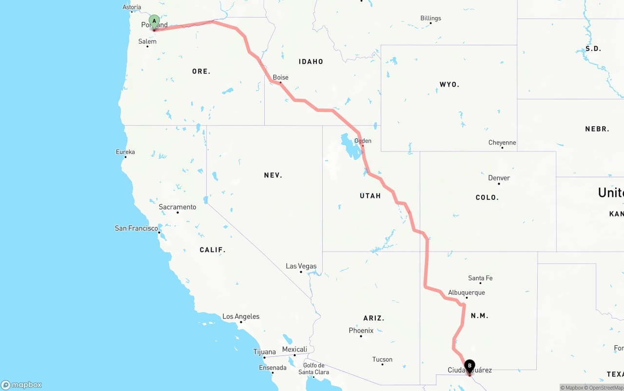 Shipping route from Portland to El Paso