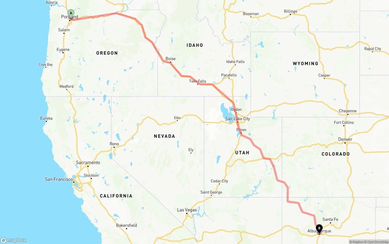 Shipping route from Portland International Airport to Albuquerque