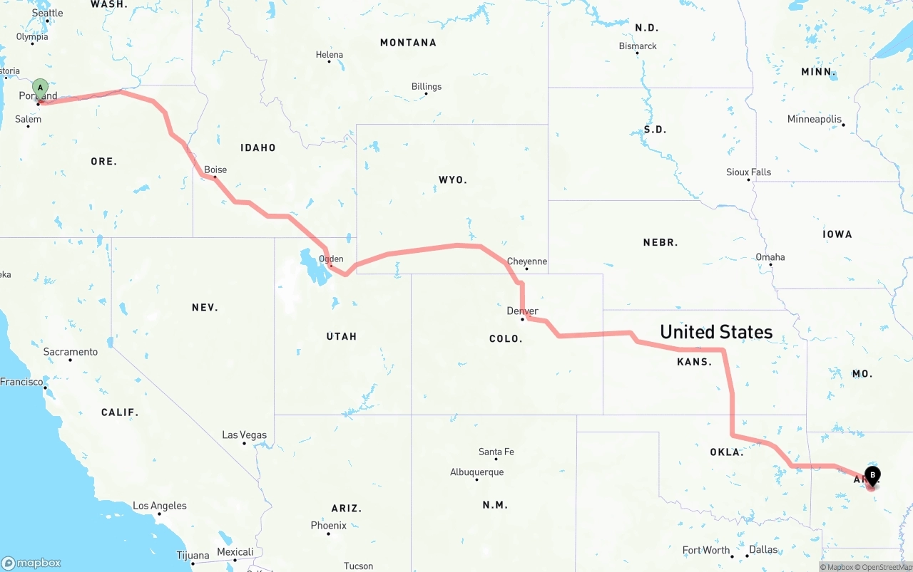 Shipping route from Portland International Airport to Arkansas