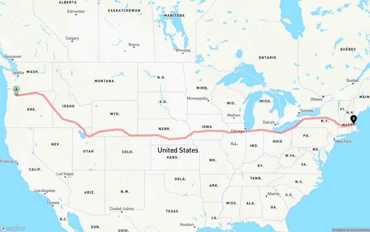 Shipping route from Portland International Airport to Boston