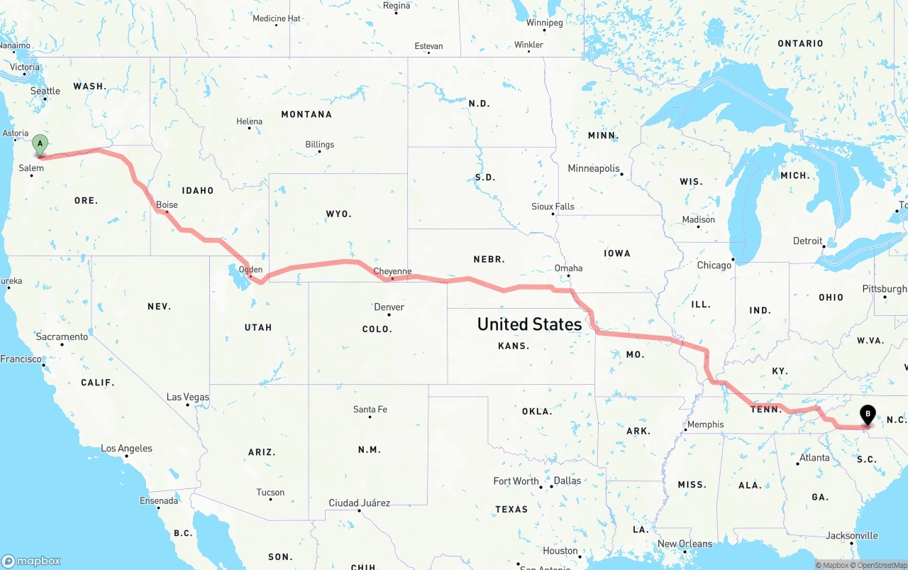 Shipping route from Portland International Airport to Charlotte
