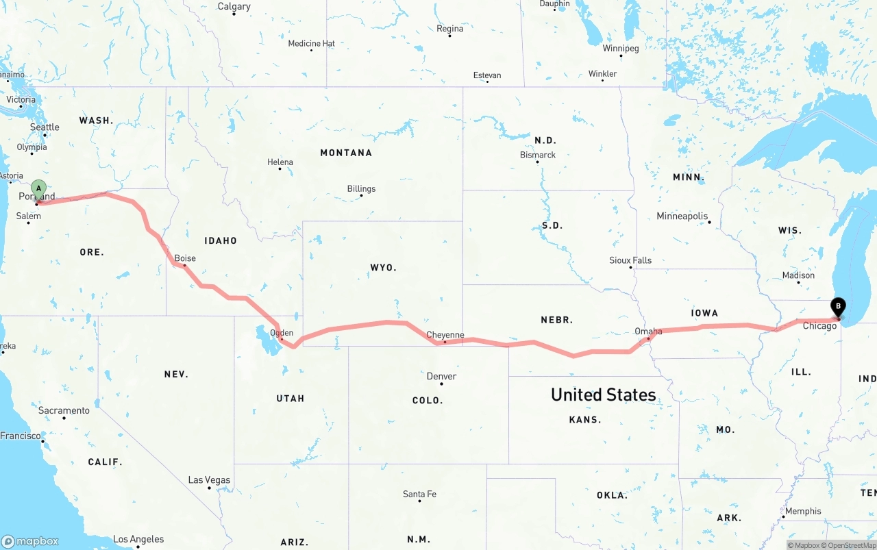 Shipping route from Portland International Airport to Chicago