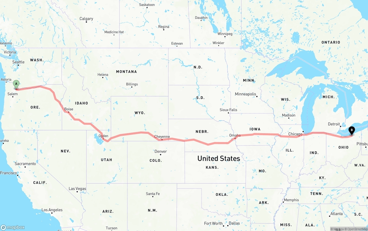 Shipping route from Portland International Airport to Cleveland