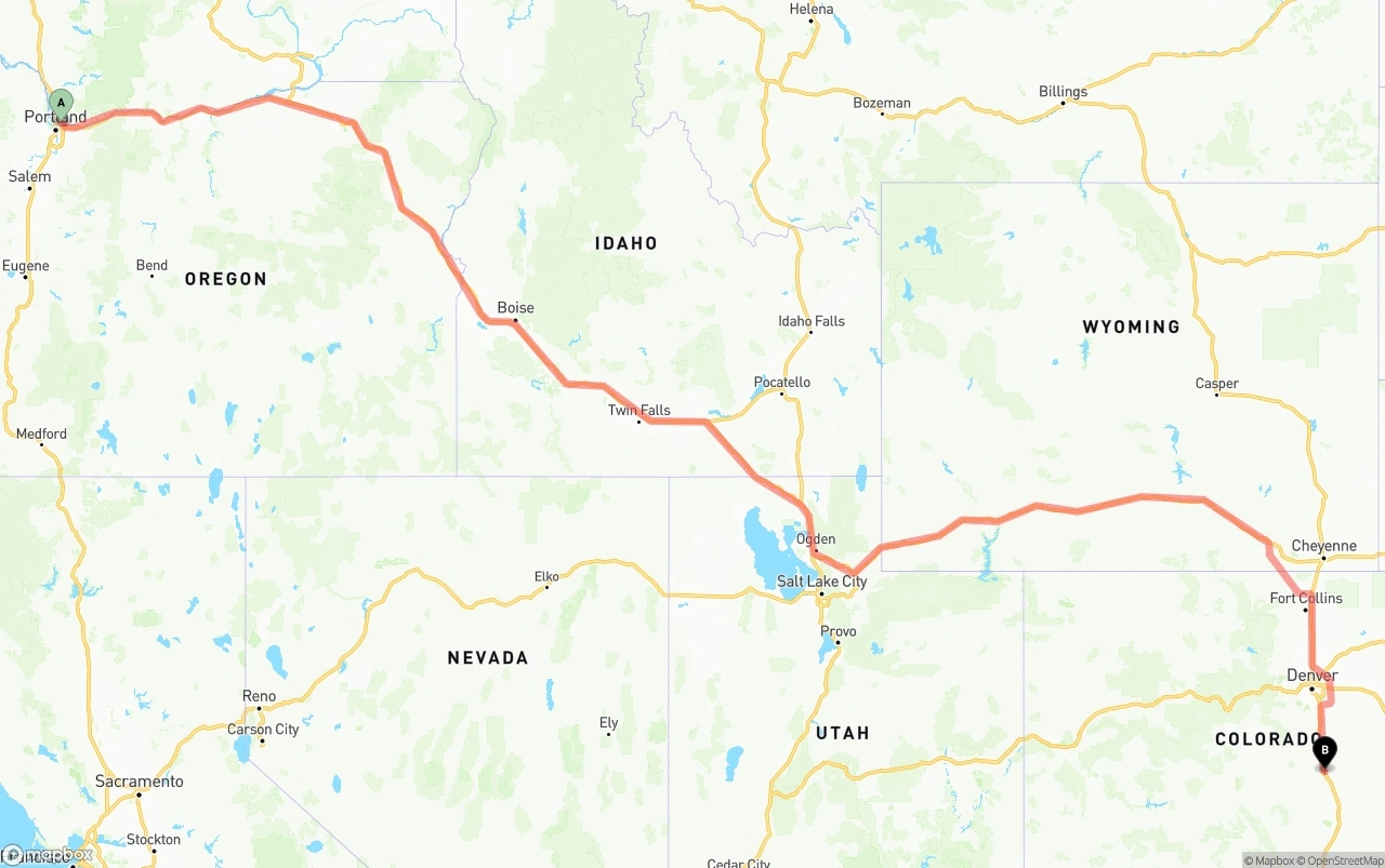 Shipping route from Portland International Airport to Colorado Springs