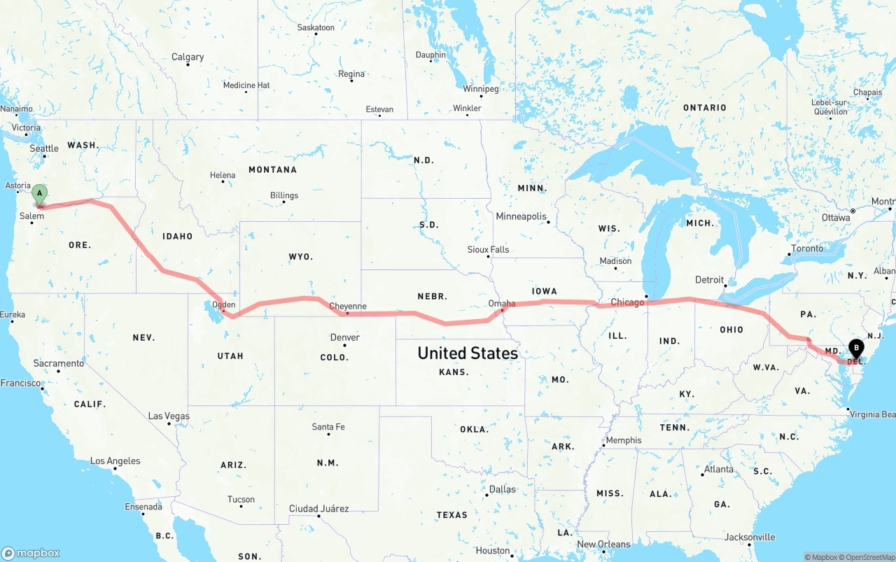 Shipping route from Portland International Airport to Delaware