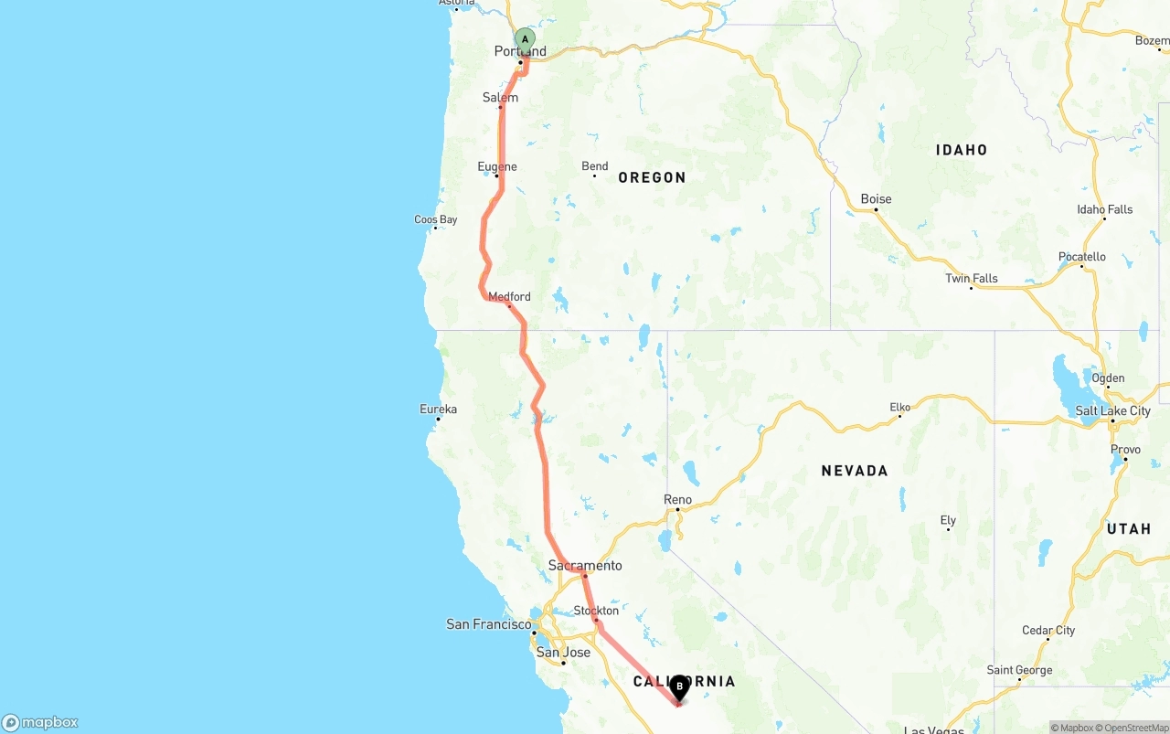 Shipping route from Portland International Airport to Fresno