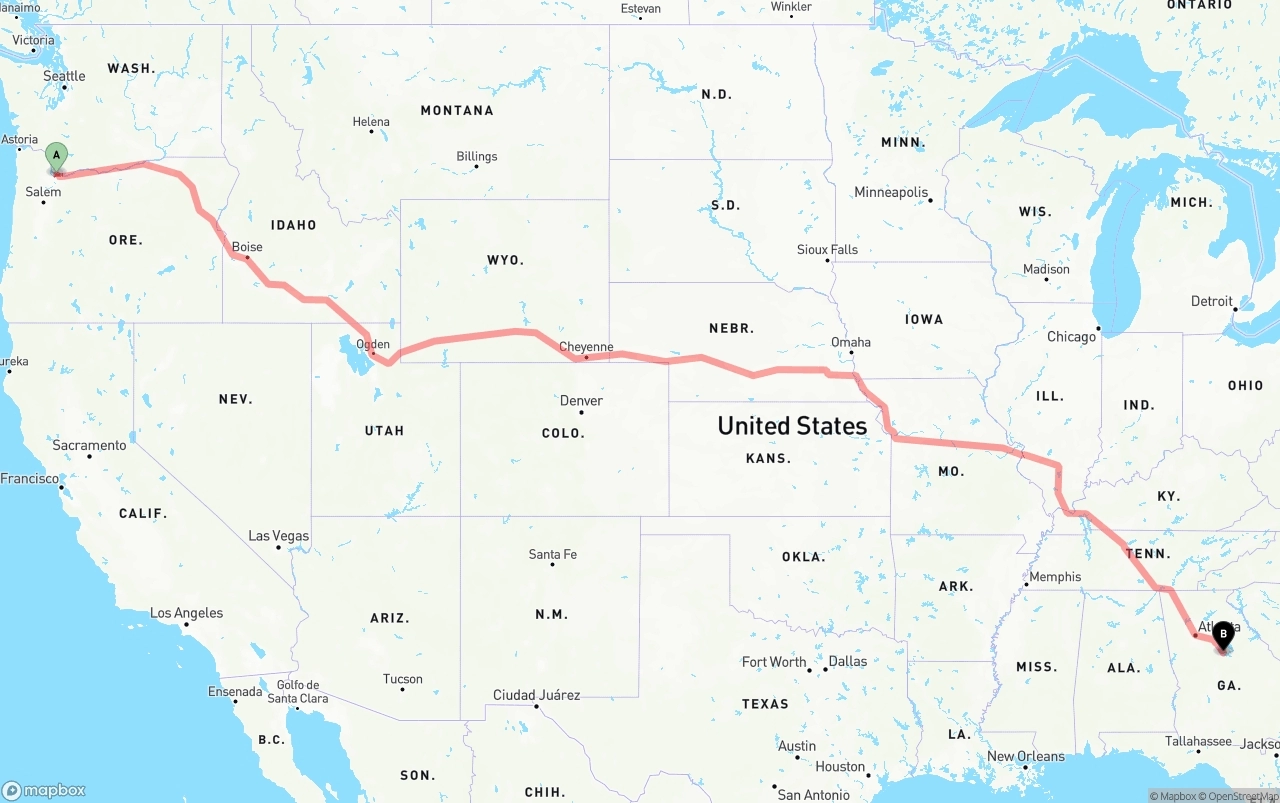 Shipping route from Portland International Airport to Georgia