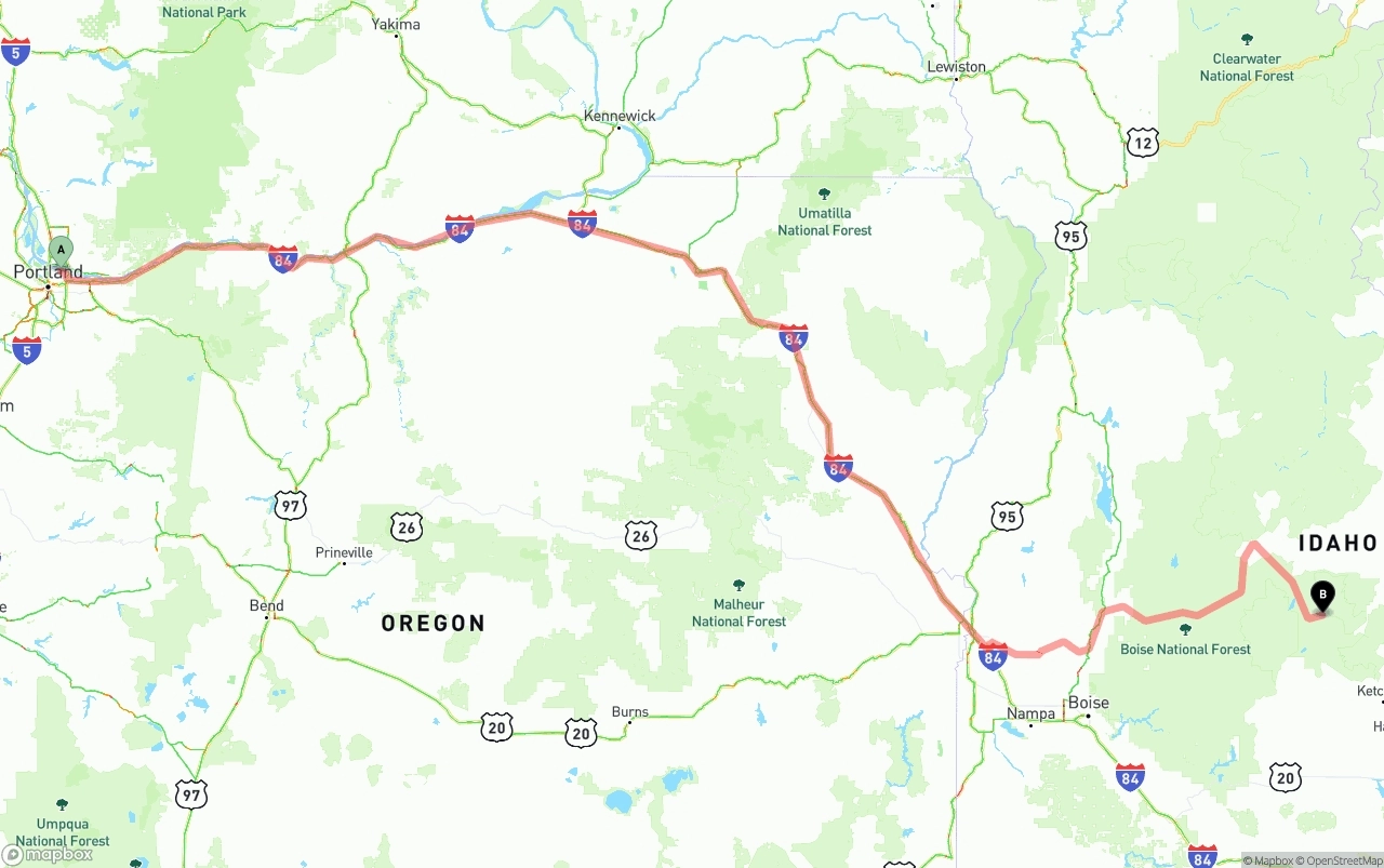 Shipping route from Portland International Airport to Idaho