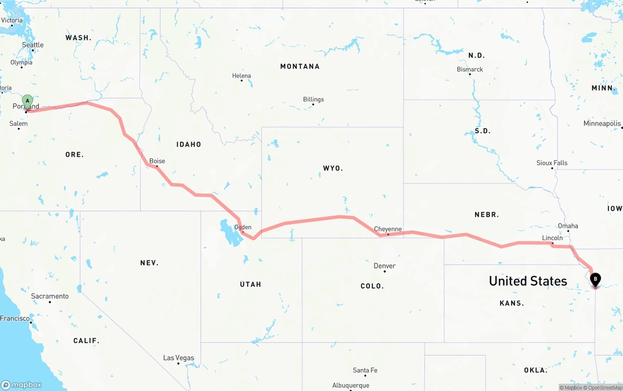 Shipping route from Portland International Airport to Kansas City