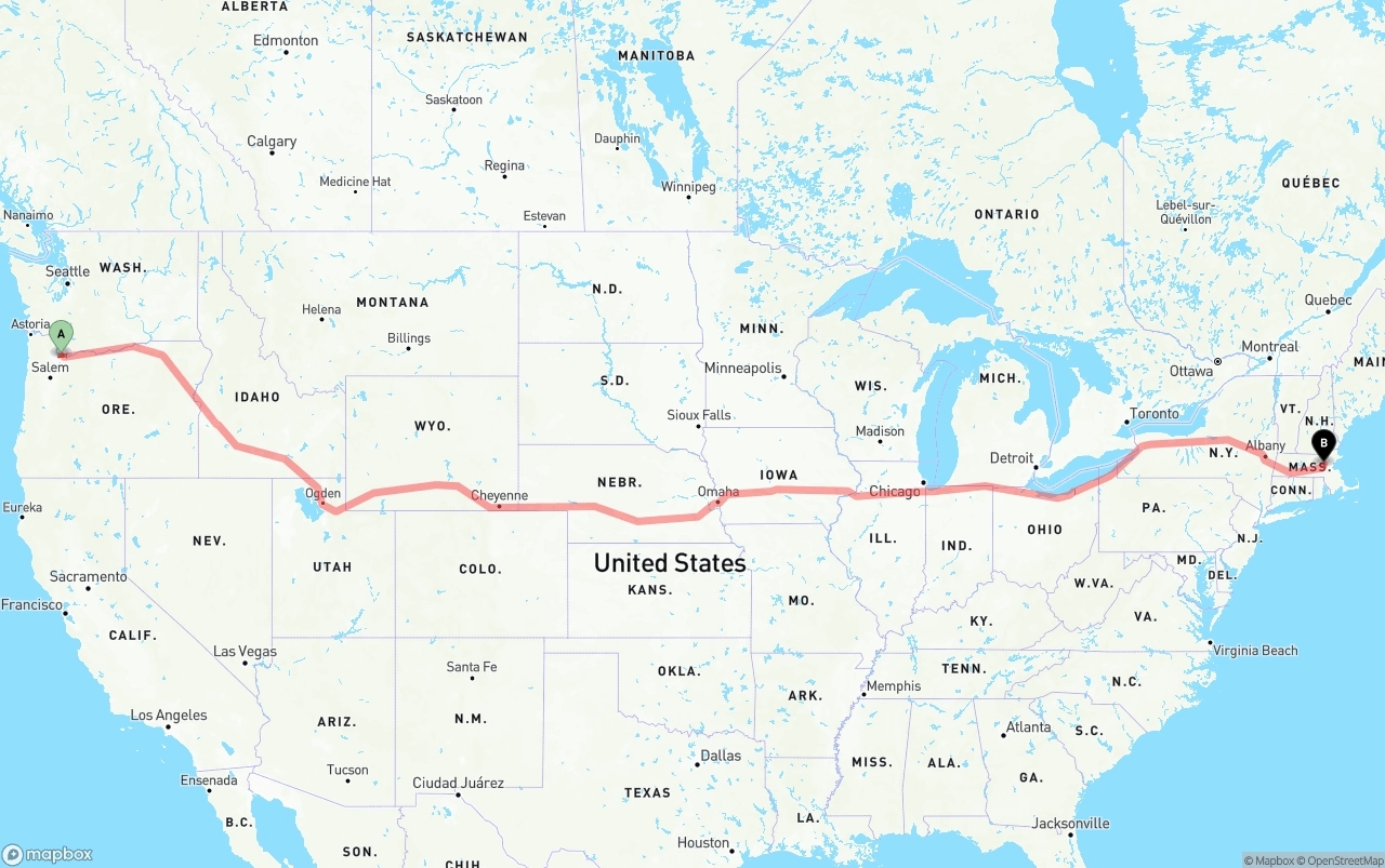 Shipping route from Portland International Airport to Massachusetts