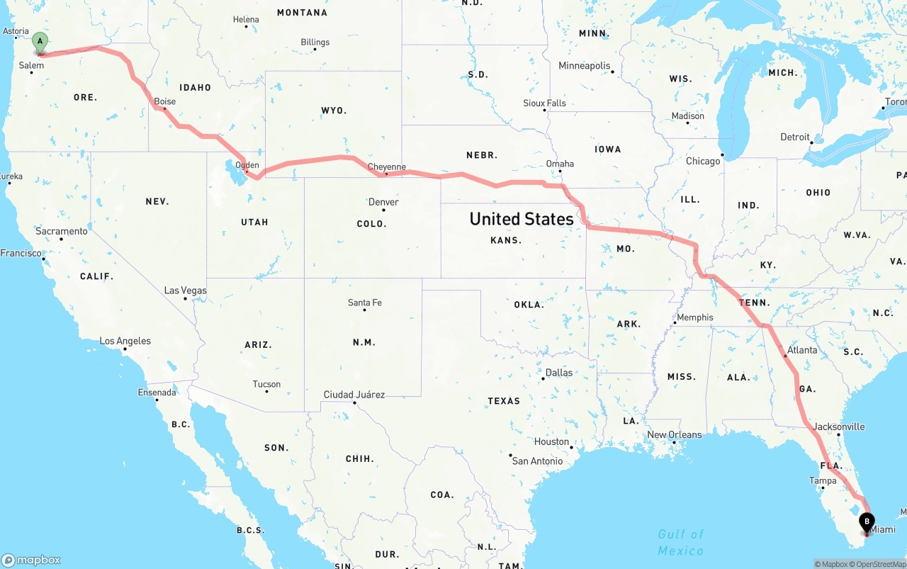 Shipping route from Portland International Airport to Miami
