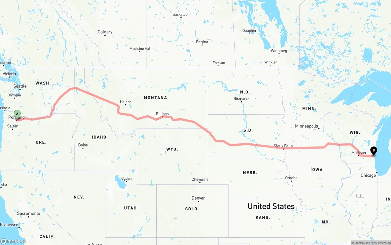 Shipping route from Portland International Airport to Milwaukee