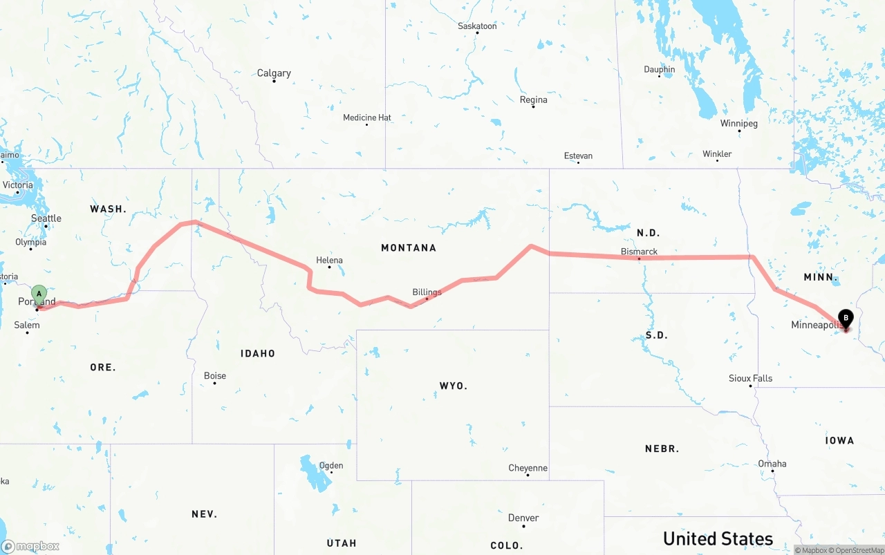 Shipping route from Portland International Airport to Minneapolis