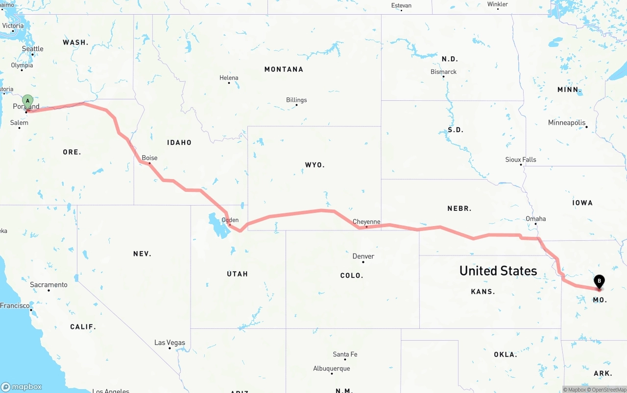 Shipping route from Portland International Airport to Missouri