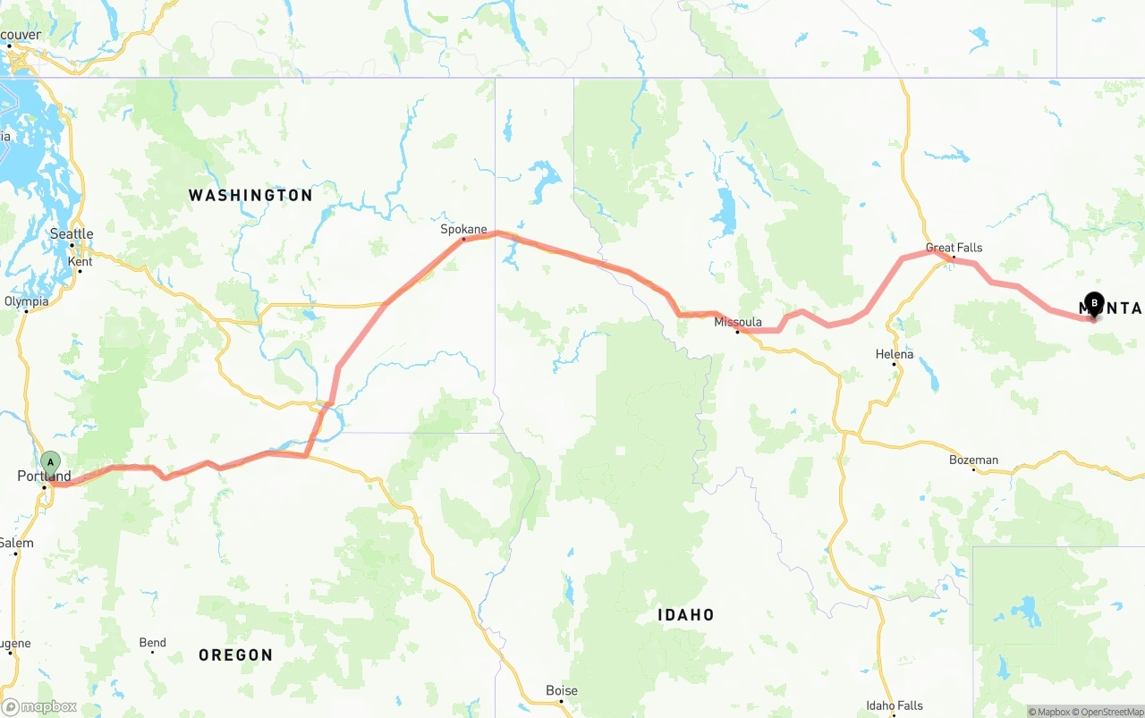 Shipping route from Portland International Airport to Montana