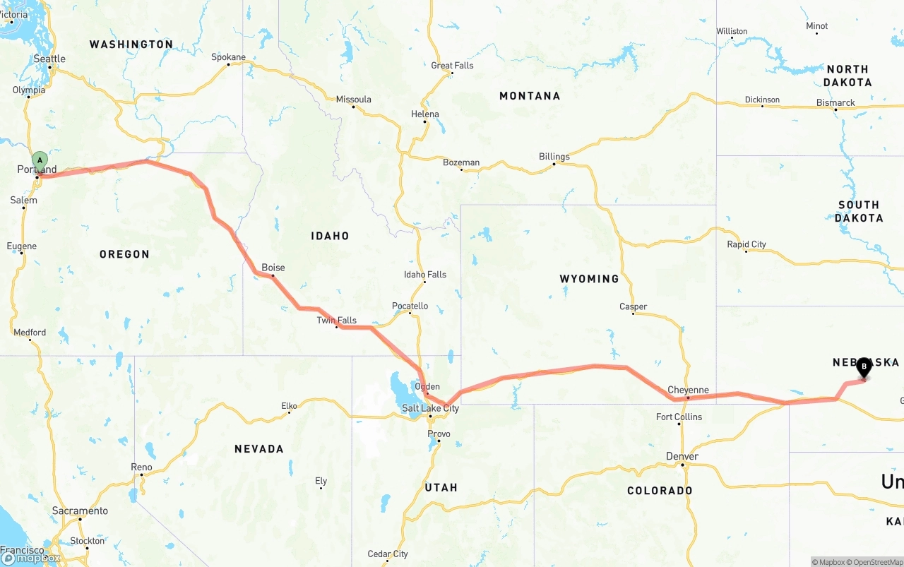 Shipping route from Portland International Airport to Nebraska