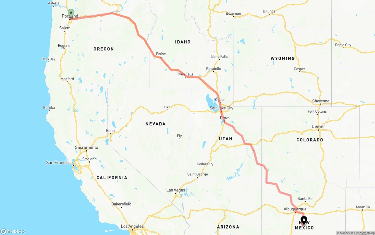 Shipping route from Portland International Airport to New Mexico