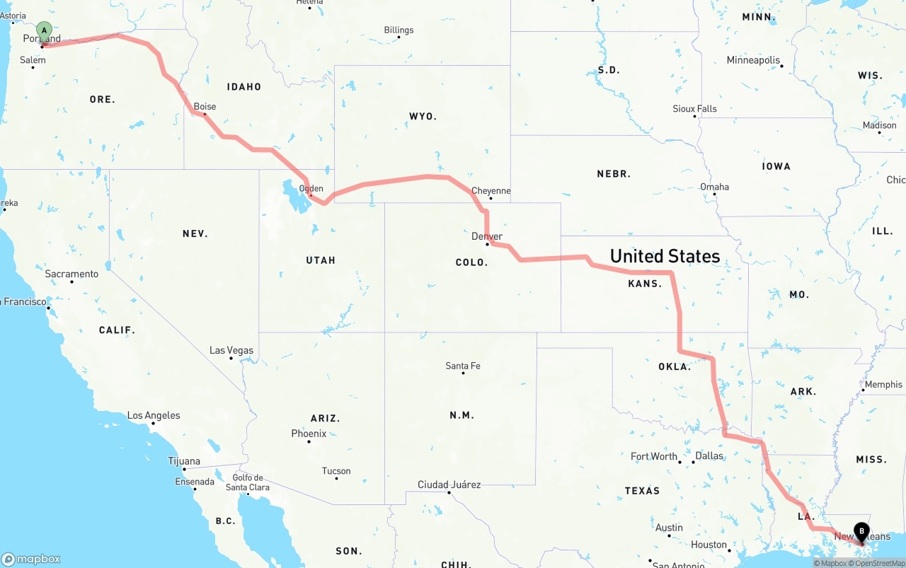 Shipping route from Portland International Airport to New Orleans