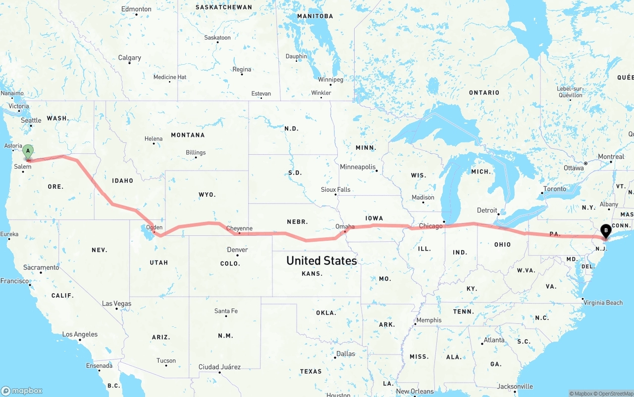 Shipping route from Portland International Airport to New York City