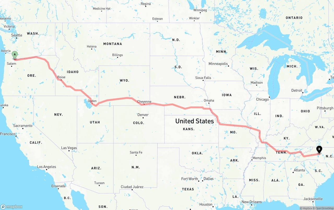 Shipping route from Portland International Airport to North Carolina