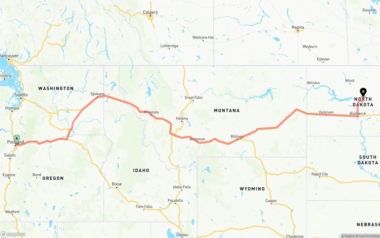 Shipping route from Portland International Airport to North Dakota