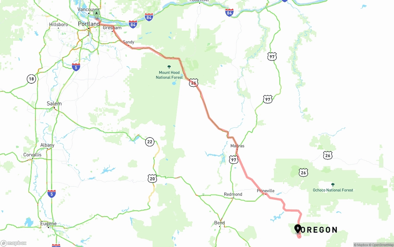 Shipping route from Portland International Airport to Oregon