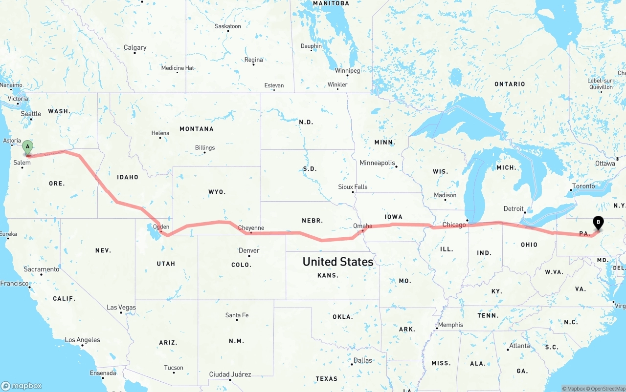 Shipping route from Portland International Airport to Pennsylvania