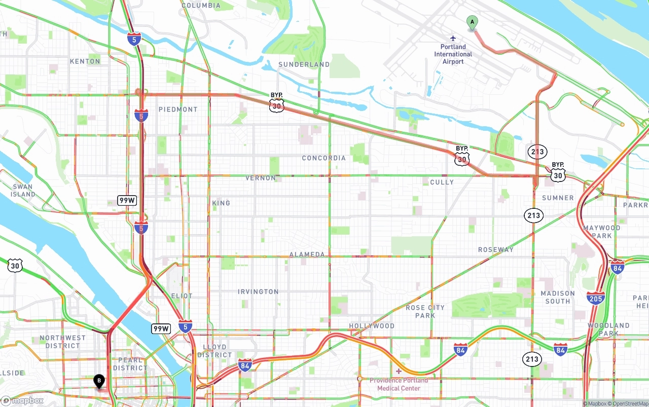 Shipping route from Portland International Airport to Portland