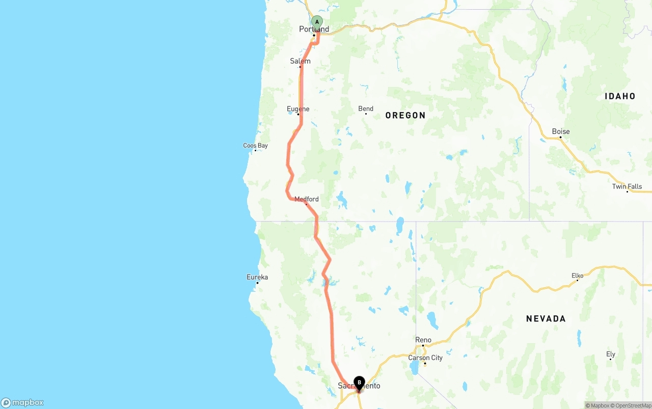 Shipping route from Portland International Airport to Sacramento