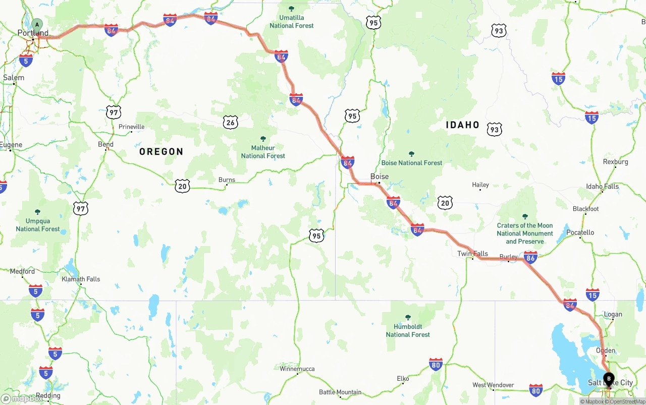 Shipping route from Portland International Airport to Salt Lake City