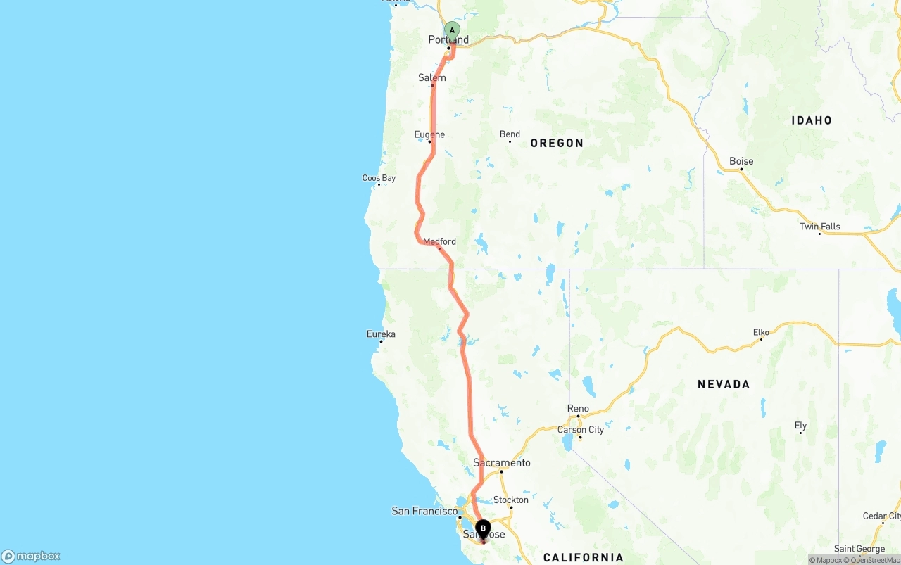 Shipping route from Portland International Airport to San Jose