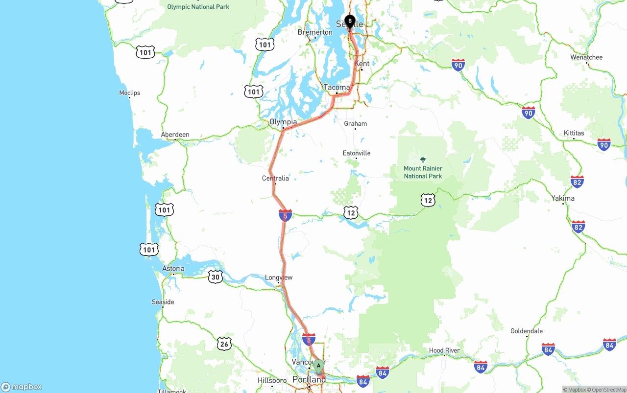 Shipping route from Portland International Airport to Seattle