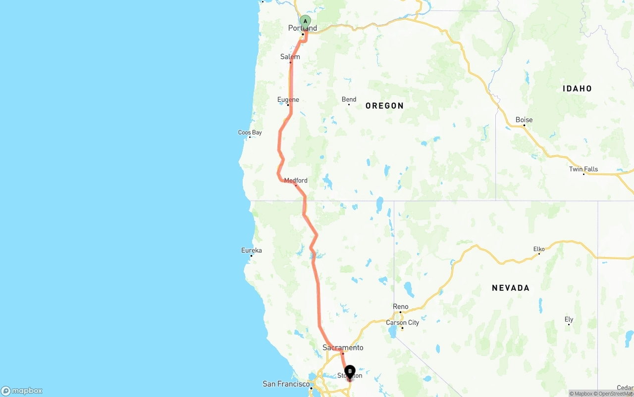 Shipping route from Portland International Airport to Stockton