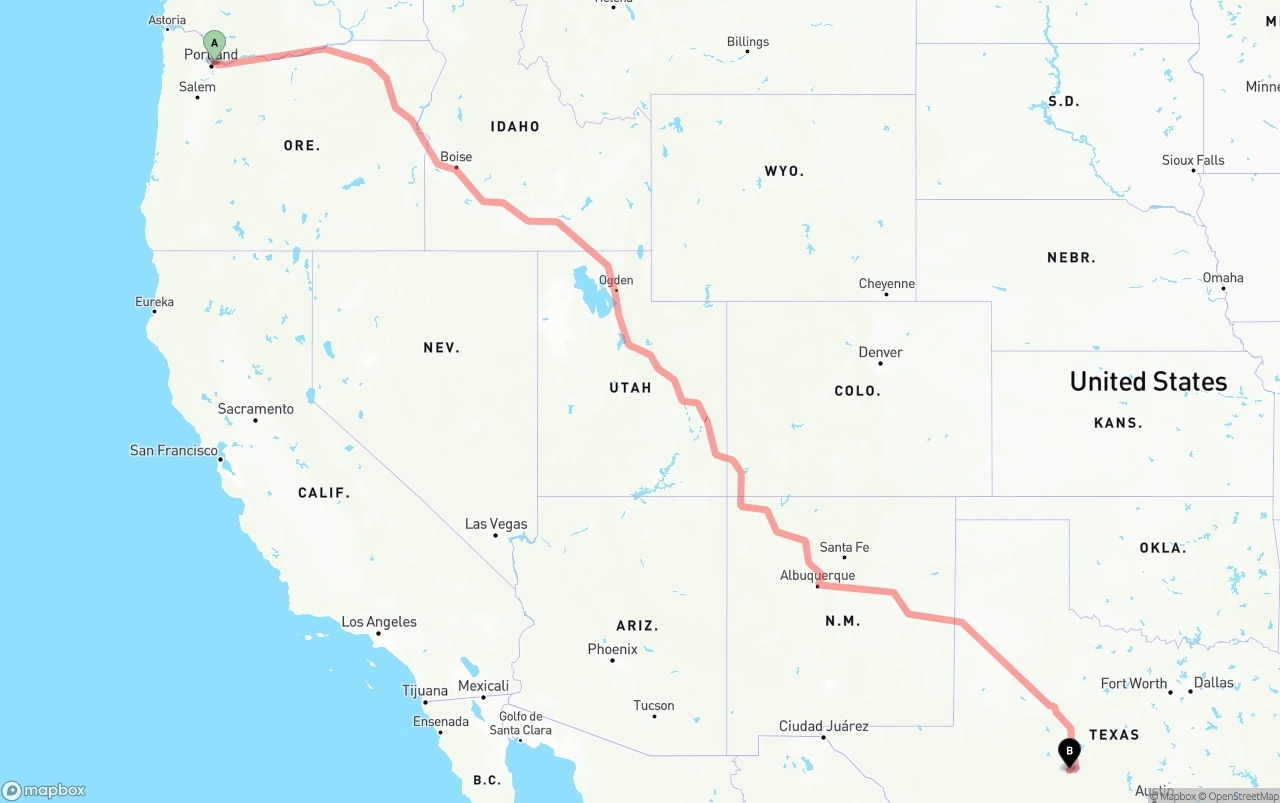Shipping route from Portland International Airport to Texas